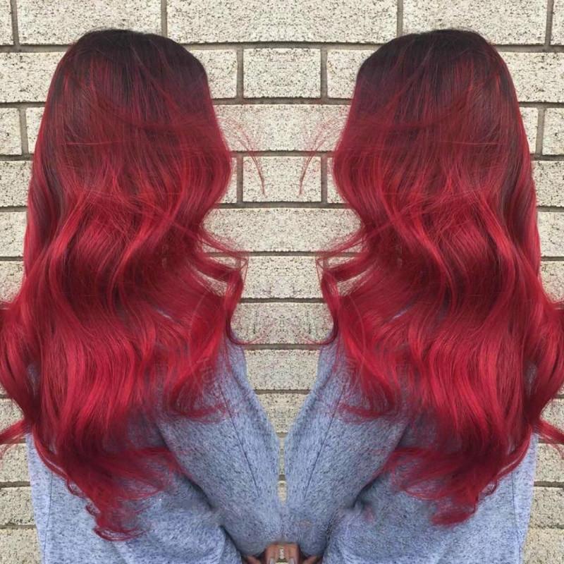 Парики женские, постепенное изменение, длинные вьющиеся волосы, черные, постепенное изменение, бордовые, пушистые, большие волны, химическое волокно, полное покрытие головы