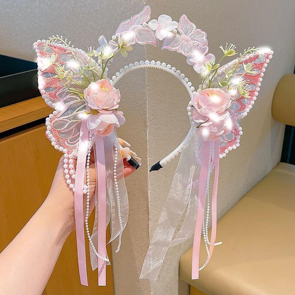 Silk Ribbon Butterfly Flowers Hairband Pearl Beads Decorative Headwear Floral Headwear Women Wear