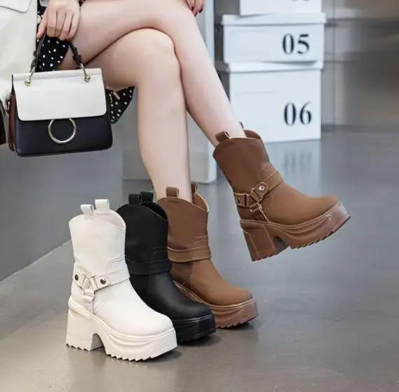 Fashion 10CM  Microfiber Leather Women Chunky Sneaker Autumn Winter Plush Warm Casual Ankle Booties Spring Platform Fashion Shoes