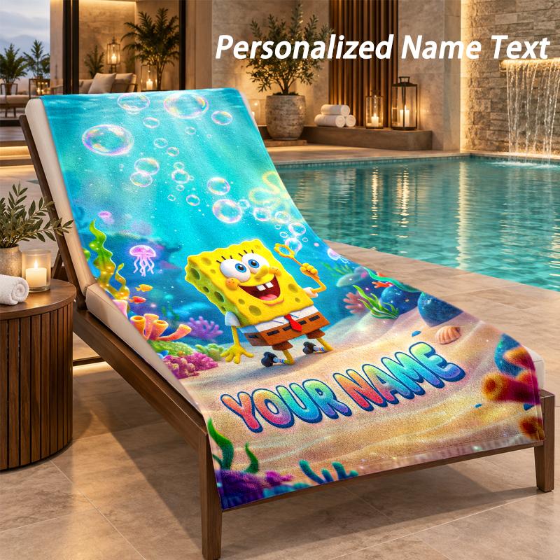SpongeBob Custom Name Beach Towel Large Soft Towel for Indoor Bathroom Outdoor Beach