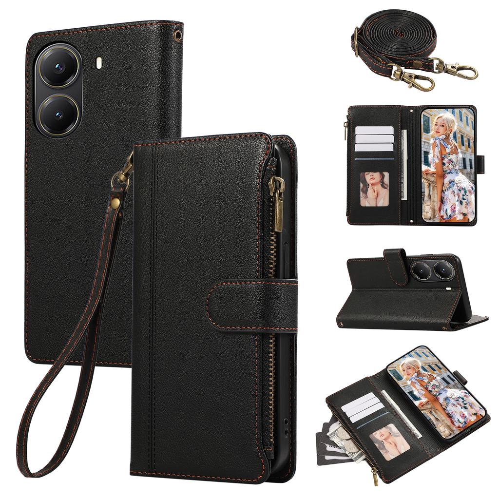 Для Xiaomi Poco X7 Pro 5G/Redmi Turbo 4 5G Чехол Многослотовый на молнии Кожаный чехол для телефона с плечевым ремнем/ремешком на запястье