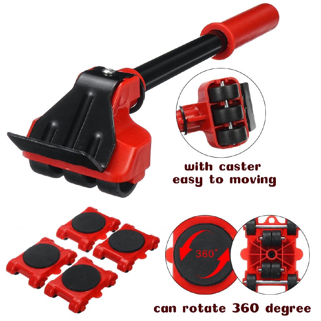 Furniture Mover Set Heavy Duty Furniture Lifter Transport Tool Red 4 Move Roller 1 Wheel Bar for Lifting Moving Furniture