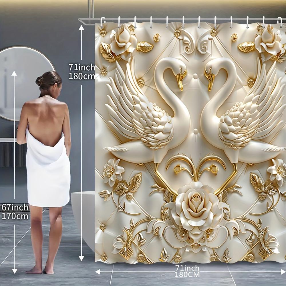 Элегантный 3D-набор для ванной комнаты «Лебеди и розы» - Водонепроницаемая шторка для душа, крышка для унитаза, коврик для ванны и контурный коврик