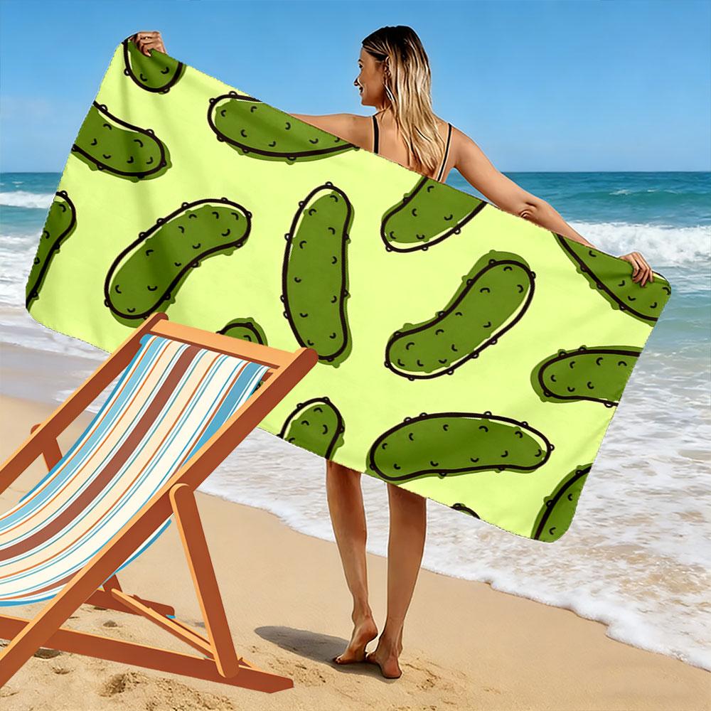 Playful green pickle parade Print beach towel, quick drying, suitable for travel, outdoor sports, jogging, the beach and swimming, gift
