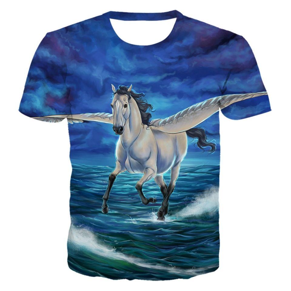 Summer New Unicorn Pegasus Animal Pattern 3D Digital Printing Round Neck Short Sleeve Personalized Trendy Men's T-shirt