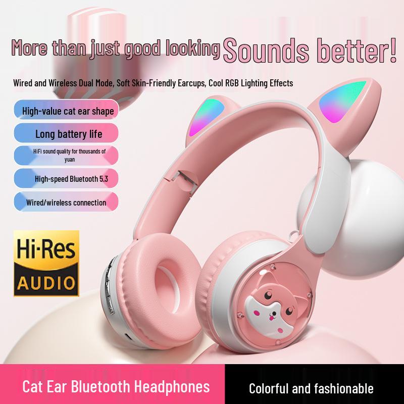 Bluetooth-наушники QC-28T с кошачьими ушками и светящимся кавайным дизайном