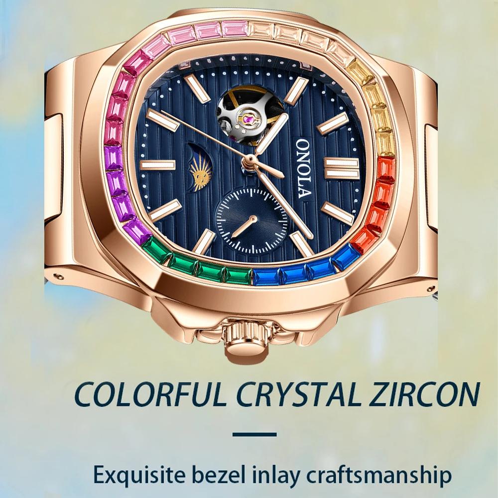 Fashion Colorful Diamond Hollow Wristwatch Automatic Mechanical Men's and Women's Watches Waterproof Leather Watch Men's Clock