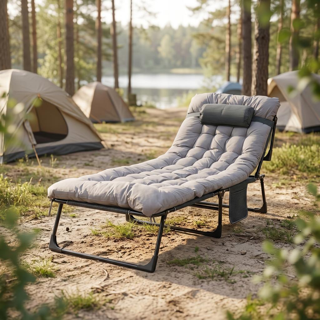 Premium Folding Deckchair Garden Camp Bed With Mattress and Headrest