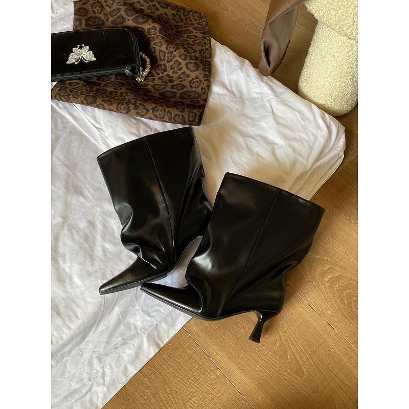 Сапоги в стиле Spice Girl, узкие, с широким голенищем, короткие, на шпильке, с острым носом, плиссированные, широкие, ботфорты