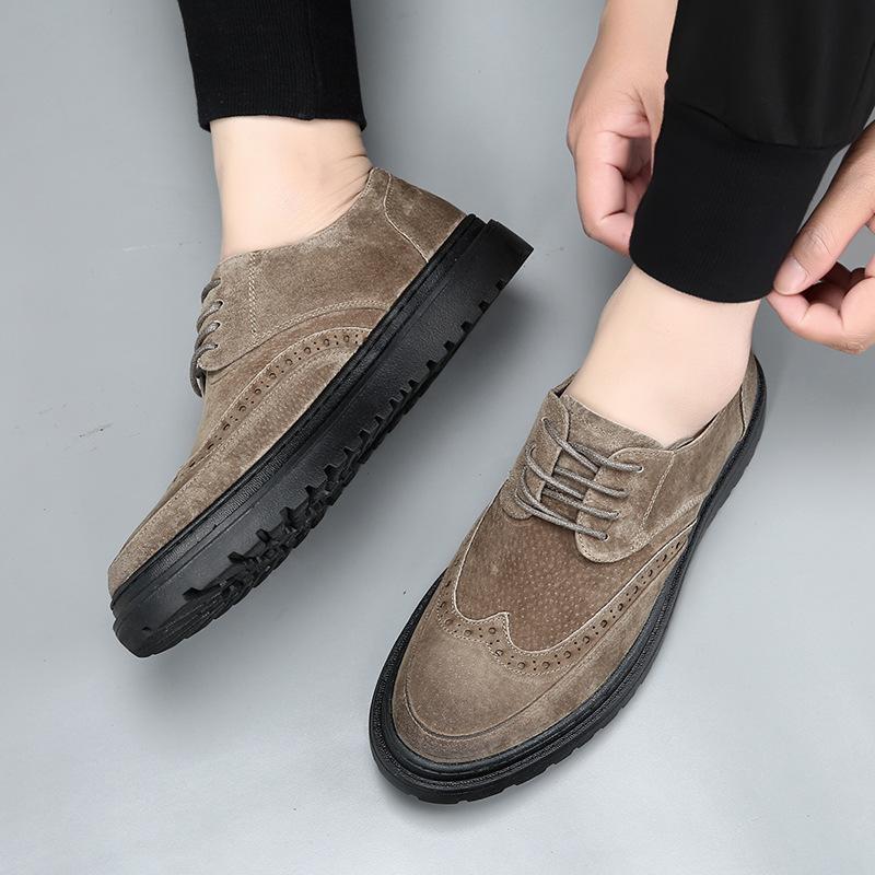 Мужские туфли на шнуровке на высоком каблуке, черные замшевые броги, массивные оксфорды на платформе в стиле ретро для мужчин, увеличивающие рост