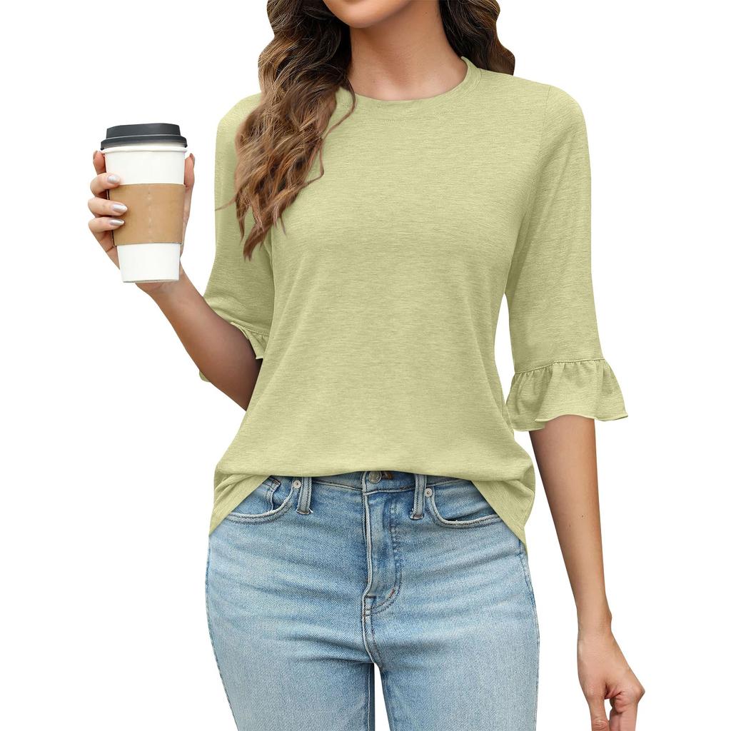 Женские повседневные топы с рукавами 3/4, летние футболки с квадратным вырезом, свободные туники с рюшами, блузки-туники