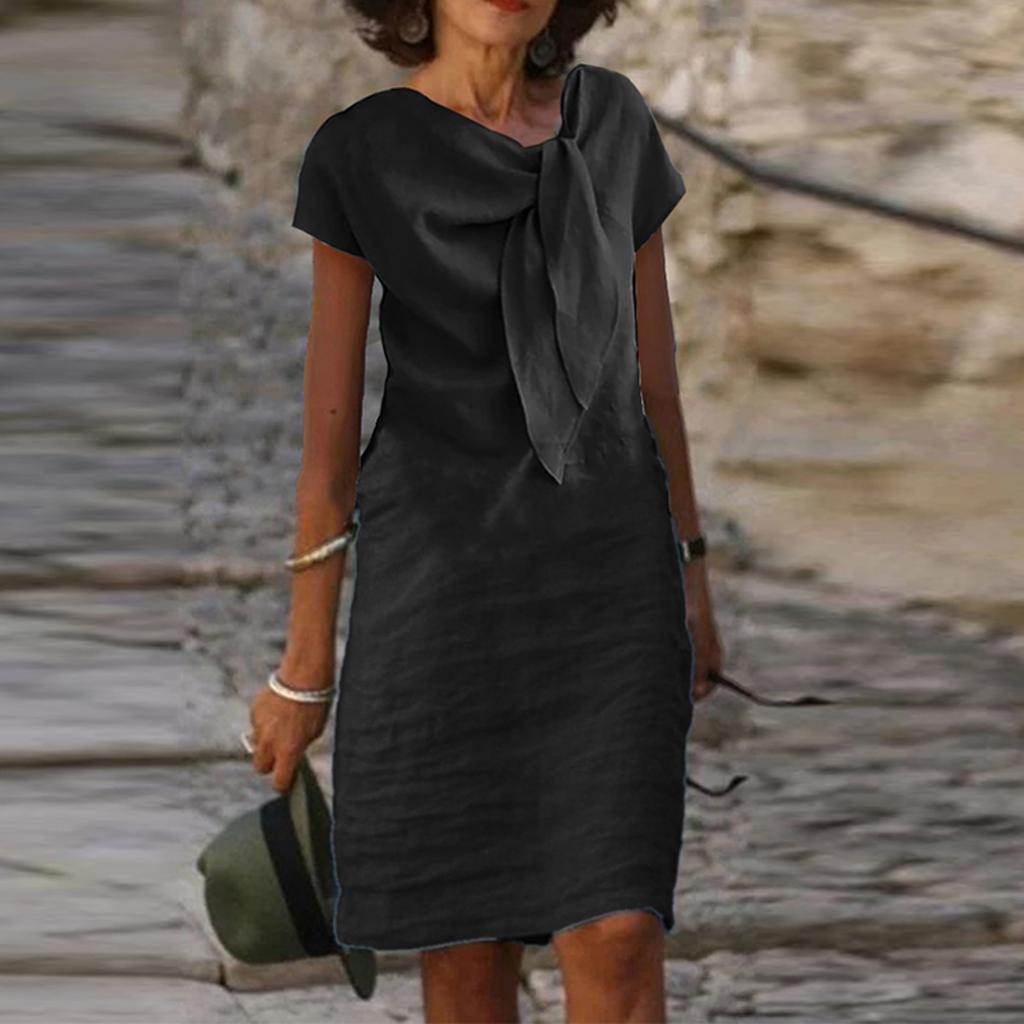 Fashion High Street Straight Loose Mid Dress Vintage O Neck Bow Tie Party Dresses Casual Office Lady Short Sleeved A-line Dress