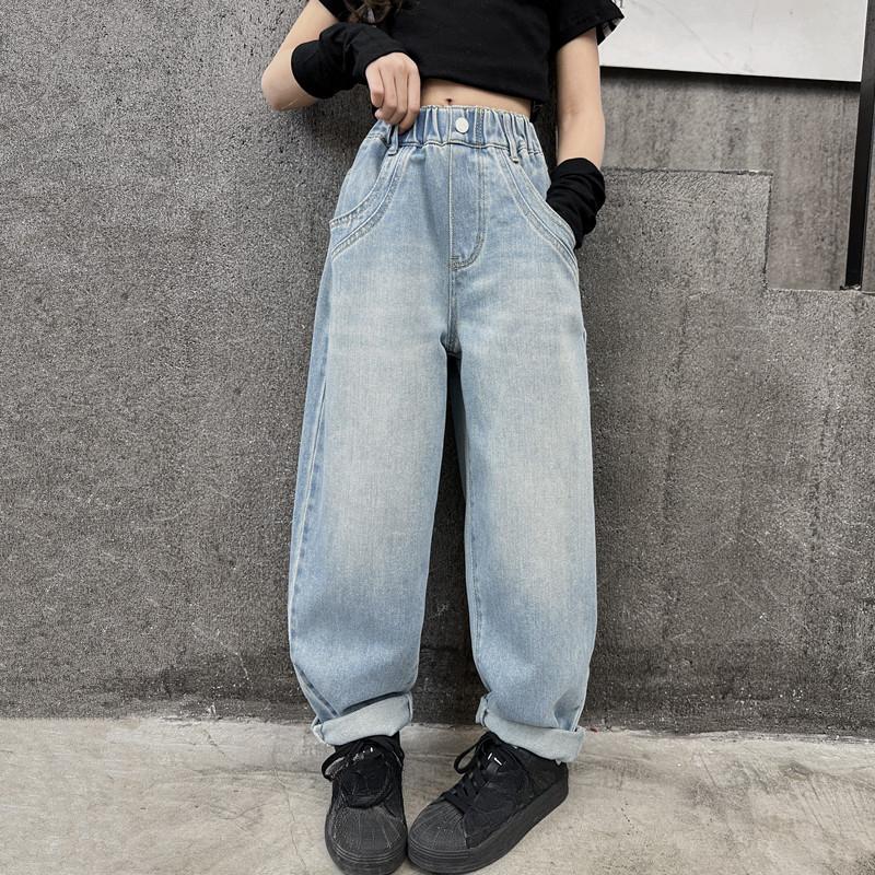 Джинсовые брюки для девочек, широкие джинсы, весенние и осенние, модные, стильные, детские, свободные, карманы, утягивающие, прямые брюки
