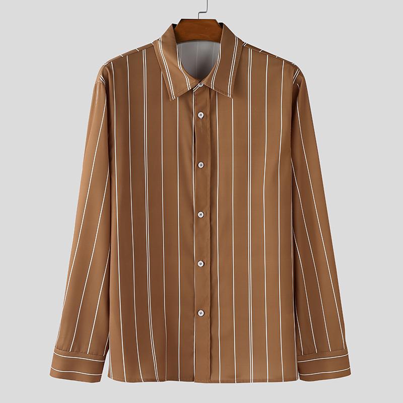 INCERUN Oversized Men Turn-down Collar Long Sleeve Striped Casual Loose Shirts