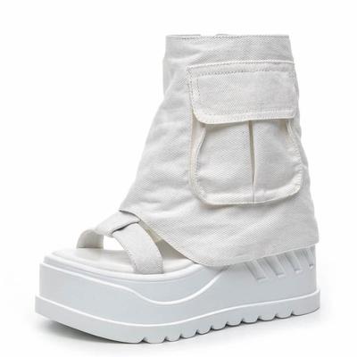 Мода 10СМ Мода Холст Весна Лето Платформа Танкетка Балетки Сандалии Женщины Осень Британский Мотоциклетный Мода Молния Ботильоны Обувь