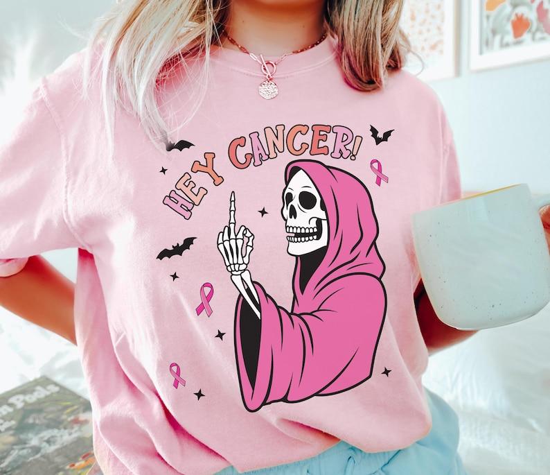 Breast Cancer Middle Finger Cotton Shirt Halloween Skeleton Breast Cancer Awareness Tee Hey Cancer Halloween Pink Ribbon Tshirt