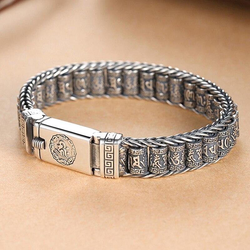 Men 'S Bracelet Simple And Generous Silver Bracelet Hand -Woven Six -Character Mantra Roller Silver Rotatable Silver Chain
