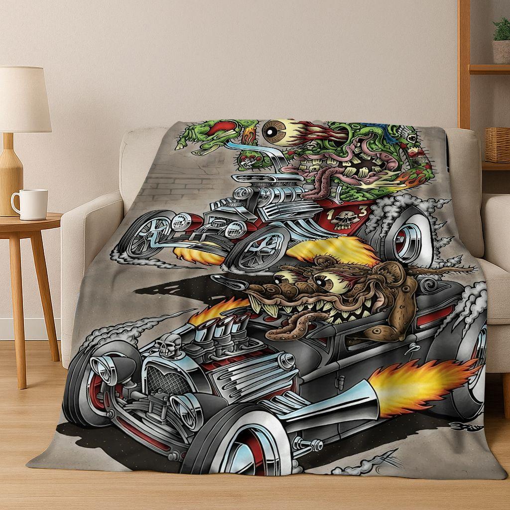 3D Бунтарский RAT FINK Автомобильный Знак Мультяшное Фланелевое Одеяло, Теплое и Уютное Мягкое Плед для Дома Спальни Кровати Дивана Покрывало для Пикника