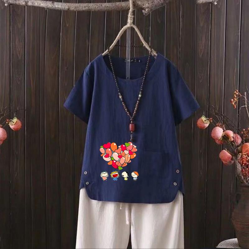 Летняя женская футболка Nordic Balloon Series с V-образным вырезом из хлопка и конопли 2025 года — модная и удобная