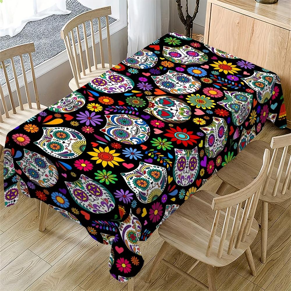 1pc Vibrant Mexican Tablecloth with Colorful Skull & Floral Design - Perfect for Cinco de Mayo, Day of the Dead, Parties, and Family Gatherings - Dura