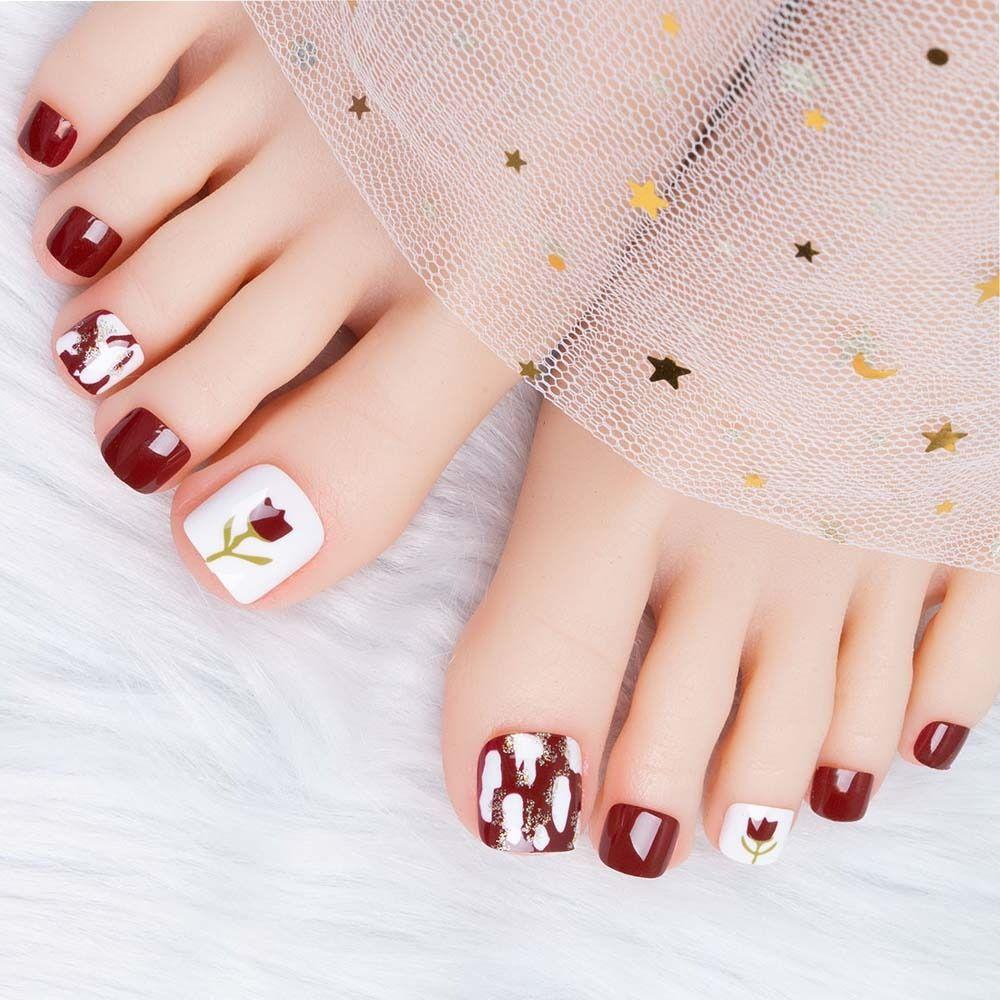 French Toe Nails Red Rose Foot Nails Nail Tips Fake Toenails for Women Girl