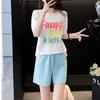2025 летняя корейская футболка с коротким рукавом и шорты с принтом, комплект из двух предметов для бега для молодой девушки, академический стиль, повседневные свободные белые спортивные костюмы для женщин
