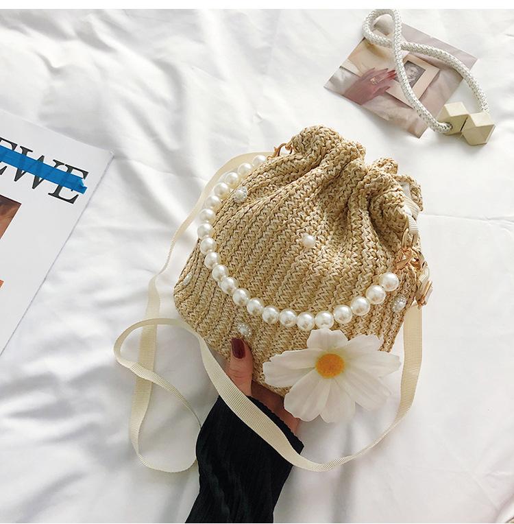 Маленькая плетеная сумка Fresh Flower с жемчужной цепочкой, сумка-тоут Holiday Wind Beach Crossbody Bucket Bag