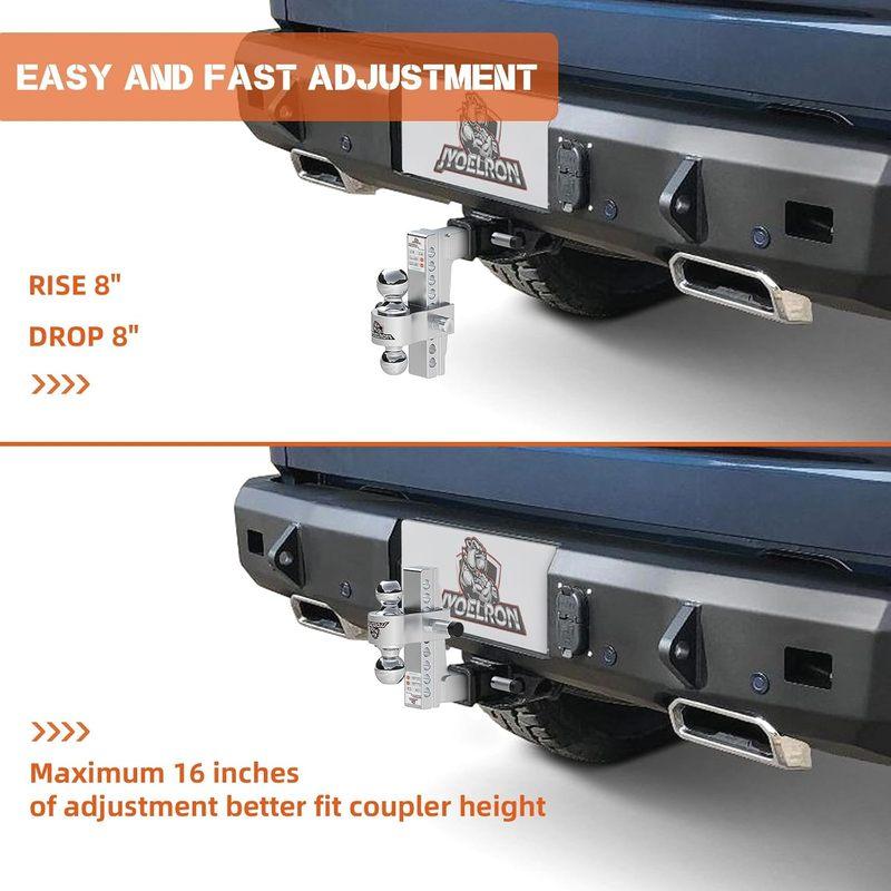 Adjustable Aluminum Trailer Hitch Ball Mount for 2" Receiver with 8" Drop/Rise, Dual Balls, 12.5K GTW