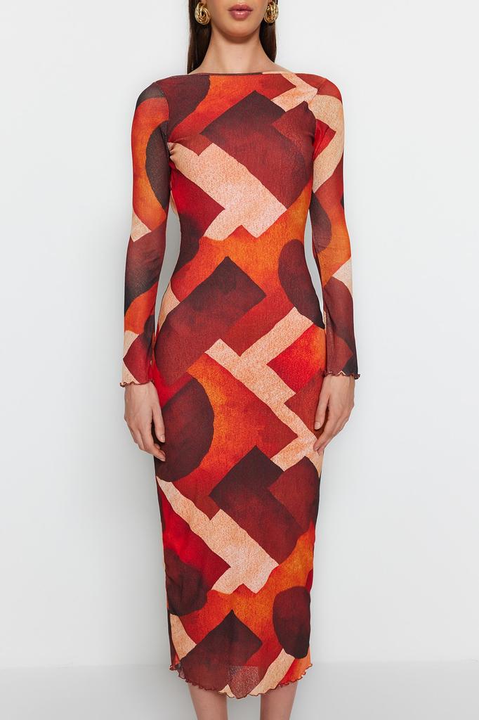 Women's Fashion New Dress Multi-Colored Special Textured Fitted Back Detailed Maxi Flexible Knitted Pencil Dress