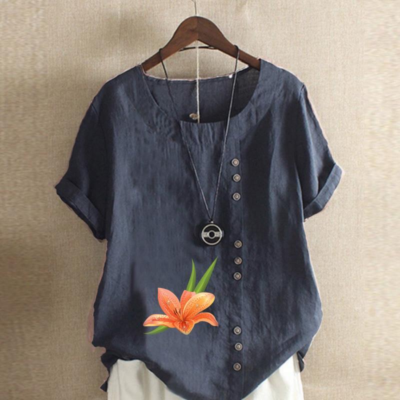 Women's Fashion Round Neck Short Sleeve T-shirt Casual Cotton Linen Graphic Shirt Flower Prined Summer Blouse Tops Plus Size