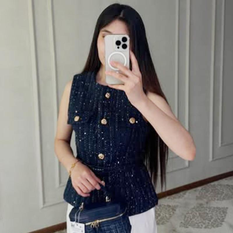 HXAO Women's Vest Summer 2025 Blue Off White Black Vest Textured Waistcoat Woman Button Sleeveless Vest Women Fashion Outerwears