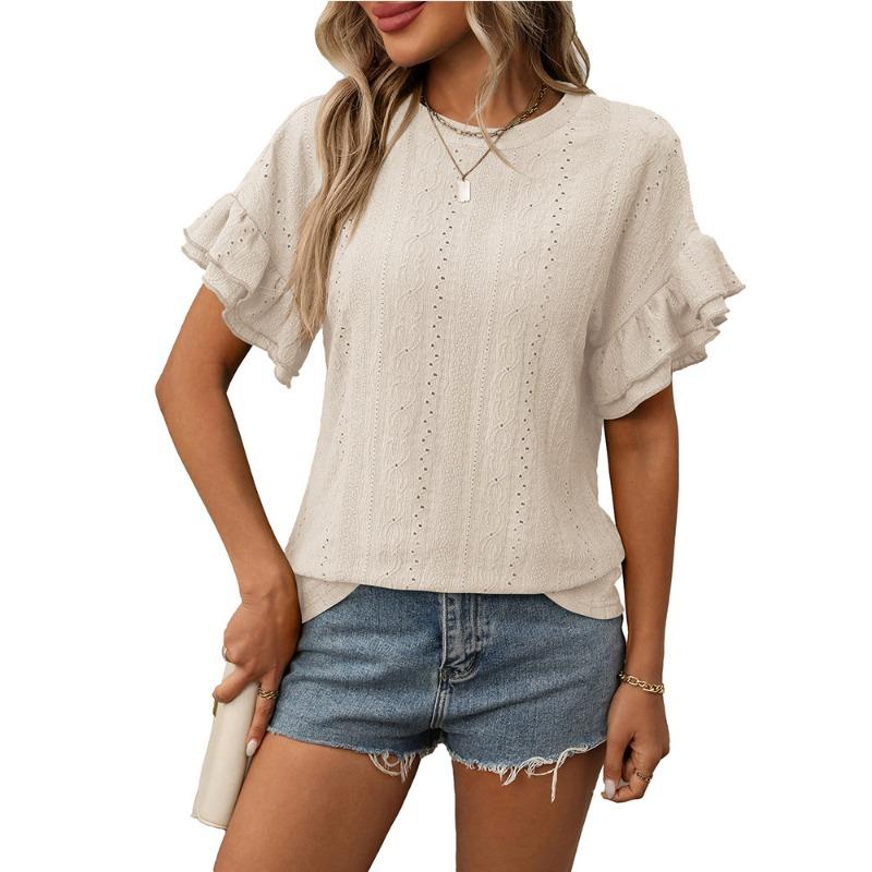 Новая летняя однотонная футболка с круглым вырезом и короткими рукавами с рукавами в виде листьев лотоса для женщин