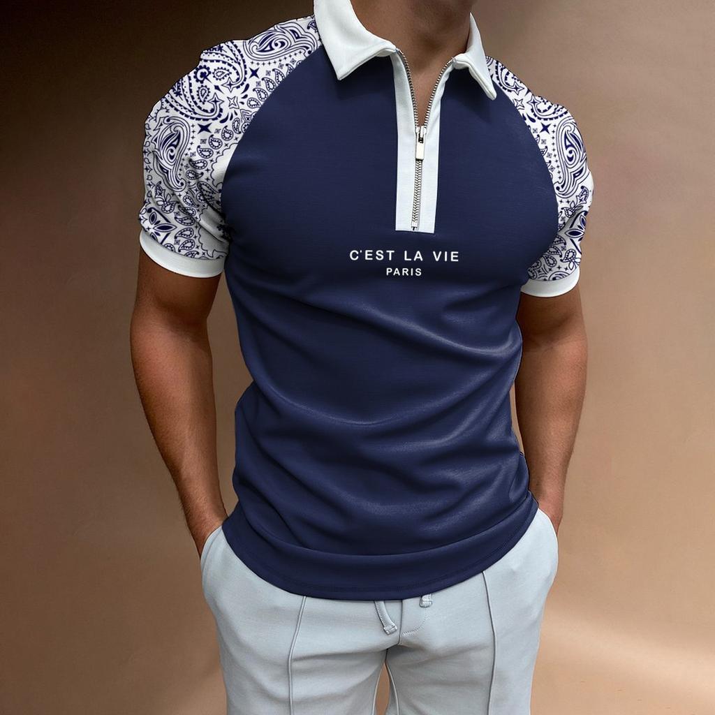Trendy Short-sleeve Polo with Paisley Sleeves, Zip Placket and 'C'EST LA VIE' Print
