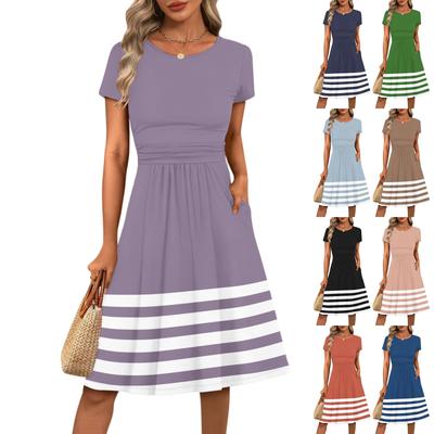 Женское повседневное модное платье миди А-силуэта с круглым вырезом, плиссированными короткими рукавами и полосатым принтом