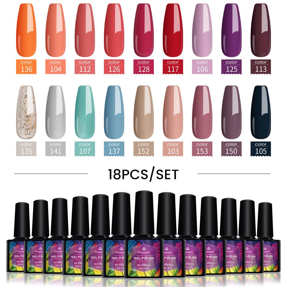 PHOENIXY, 4/12/18 цветов, набор гель-лаков для ногтей, набор гель-лаков для замачивания, маникюр, полупостоянные гибридные лаки, основа и верхний дизайн ногтей