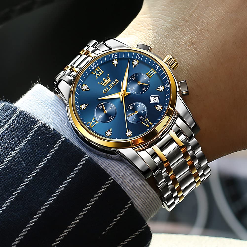 OLEVS Quartz Analog Waterproof Watch with Silver Stainless Steel Stylish and Popular for Business and Casual Blue Dial Men's Band, Wear,