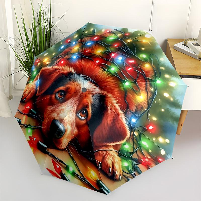 1pc Christmas Lights Dog Automatic Opening/Closing Folding Umbrella with 8 Ribs, Plastic Handle, Windproof Portable Sunshade Umbrella yy251222217