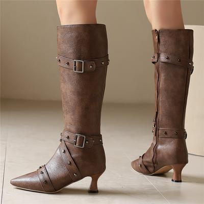 Модные женские викторианские ботинки до середины икры с острым носком, кожаные, с заклепками, пряжкой, в стиле панк, на шнуровке, странные туфли на высоком каблуке в стиле стимпанк, большие размеры 34-46