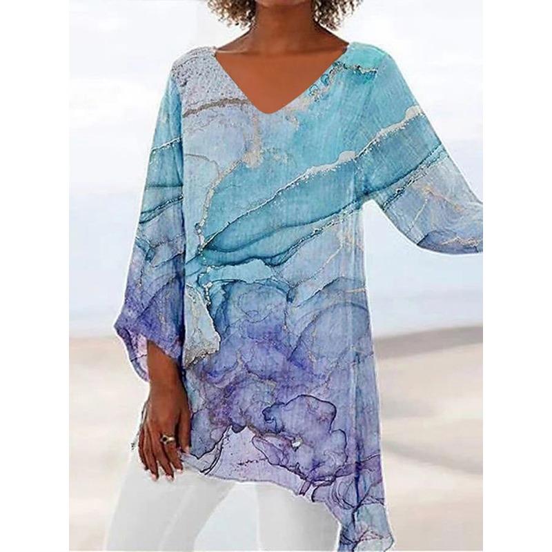 Весна Лето V-образный вырез Принт Мода Женская Блузка Новая Повседневная Свободная Необычная Топ Футболка Большого Размера Простая Элегантная Офисная Рубашка Женская Одежда