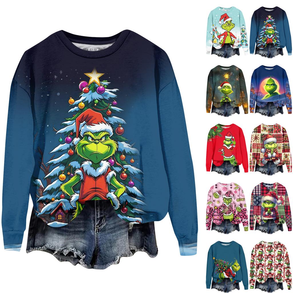 Ladies' Christmas Greentown Print Casual Long Sleeved Round Neck Sports Hoodie Top