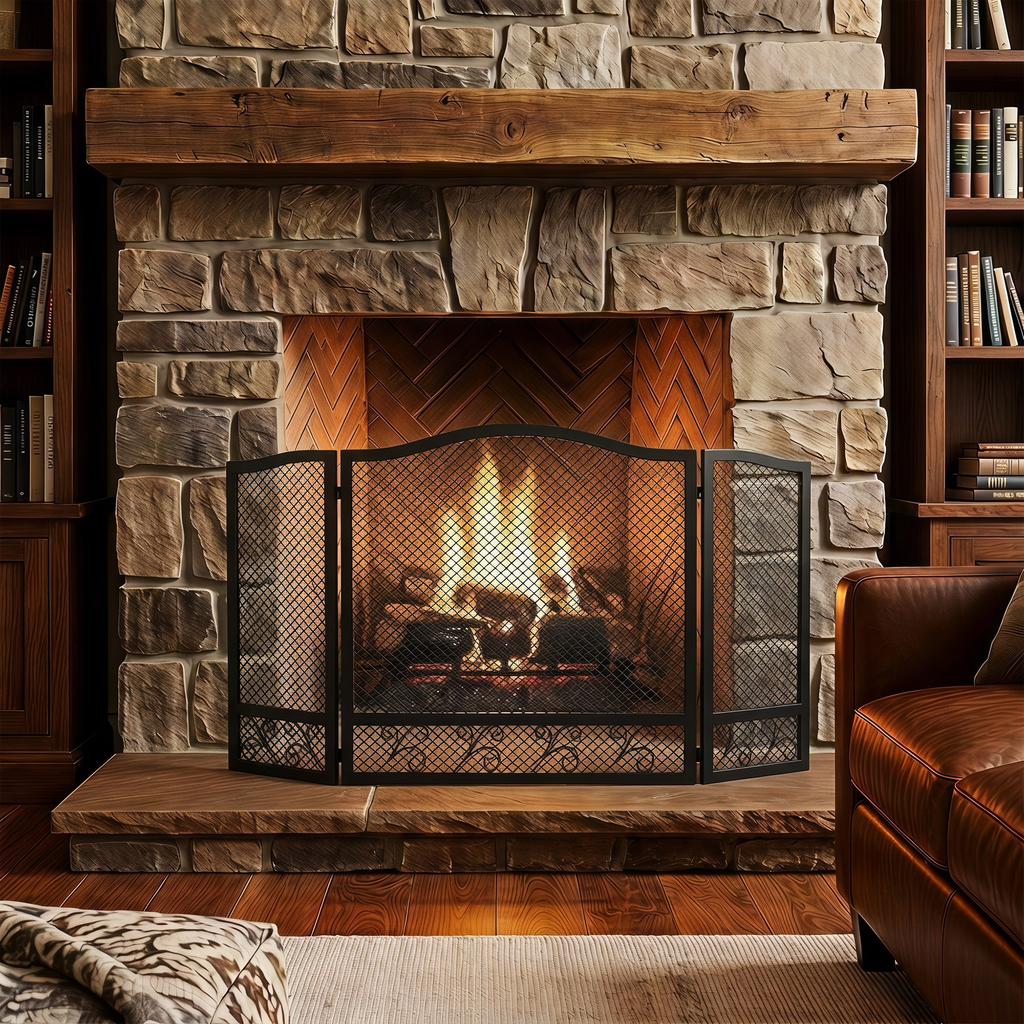 Foldable Fireplace Screen 3 Panels 107 X 60 Cm Black Metal