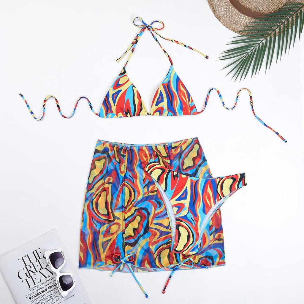 Swimsuit Women's Split Three Piece Set High Waist Sleeveless Ins Overshirt Drawstring Printed Bikini Suits