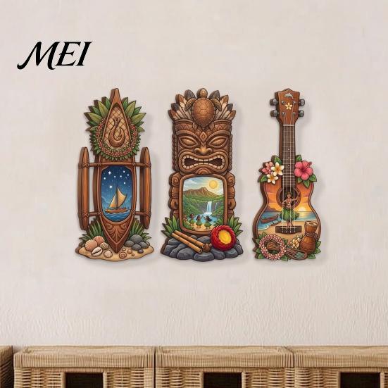 UV Printed Wall Decoration 3Pcs Hawaiian Tiki Wooden Hanging Sign, Tropical Surf Coastal Art, Exquisite Plaque for Home Bar Patio Decor & Holiday Gift