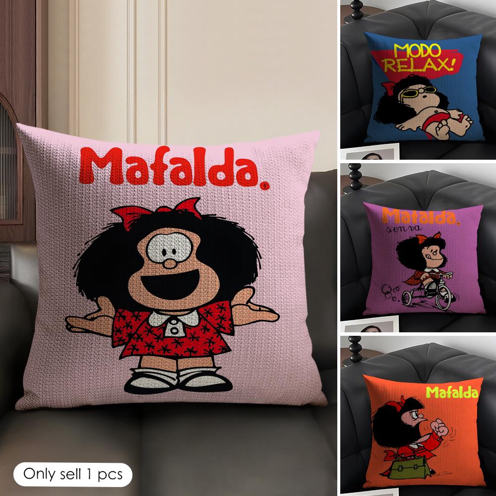 MMafalda Cartoon Cute Cushion Cover Natural Linen Organic Fabric DoubleSided Printing Sofa Home Decor Gift Pillow Case