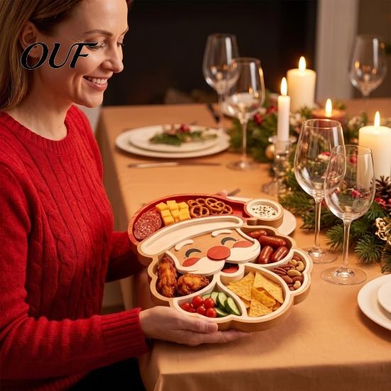 Christmas Snack Serving Tray Tree Platter, Wooden for Holiday Parties, Multi-Compartment Food Display Candy Plate Parties Cheese Fruit Nuts,
