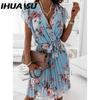 IHUASU Loose Summer Pleated Women Midi Dress V Neck High Waist Casual Dress