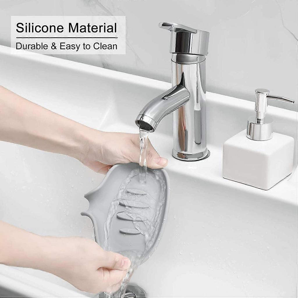 Bathroom silicone soap dish, shower soap holder with drain tray, kitchen sink waterfall soap tray, 2-piece set