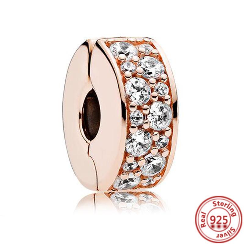 Hot Sale Rose Gold Series Pink Zircon Leaves Heart Pendant Sparkling Clip Bead Fit Charm Bracelet DIY S925 Silver Jewelry