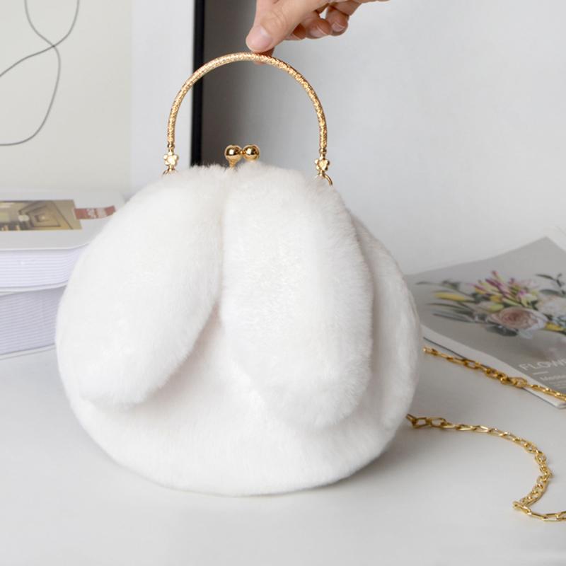 Plush Rabbit Bag Women Cute Handheld Plush Bag Autumn Winter Girls Chain Crossbody Bags Rabbit Ear Clip Bag