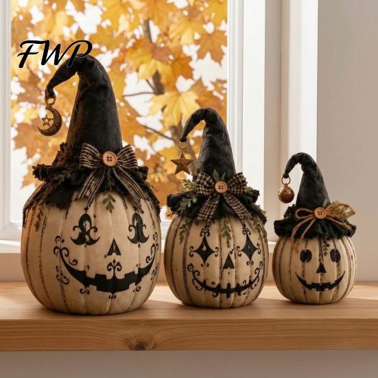 Halloween Living Room Soft Furnishings Pumpkin Decoration with Wizard Hat, Vintage Resin Witch Figurine Seasonal Fireplace Shelf Decor Bow,